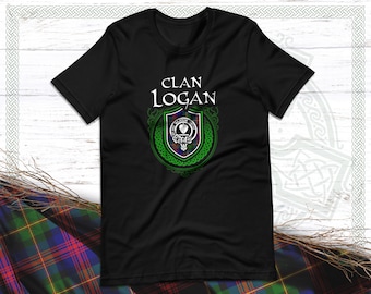 Clan Logan Scottish Tartan T-Shirt with Clan Crest Badge, Motto, and Surname of Family