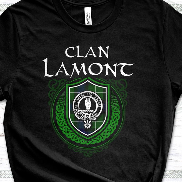 Camiseta de tartán escocés de Clan Lamont con insignia de escudo de clan, lema y apellido de la familia