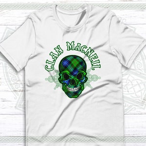 May include: White t-shirt with a green, blue, and white plaid skull design. The text "Clan MacNeil" is written around the skull.