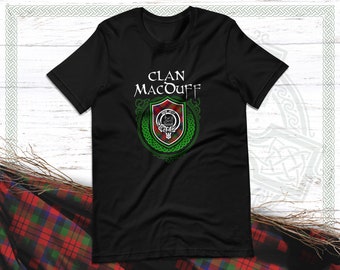 Camiseta xadrez escocesa Clan MacDuff com brasão do clã, lema e sobrenome da família