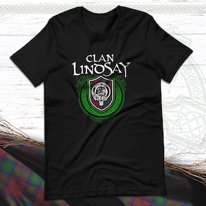 Clan Lindsay Scottish Tartan T-Shirt with Clan Crest Badge, Motto, and Surname of Family