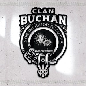 Clan Buchan Die-Cut Metal Sign with Scotland Clan Badge and Motto