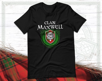 Clan Maxwell Scottish Tartan T-Shirt with Clan Crest Badge, Motto, and Surname of Family