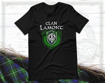 Clan Lamont Schottisches Tartan T-Shirt mit Clan Crest Badge, Motto und Nachname der Familie