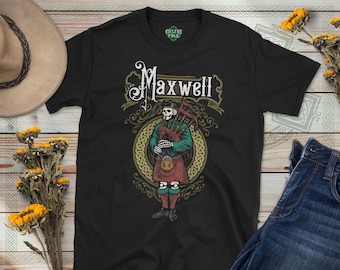Clan Maxwell Tartan Bagpiper T-Shirt, Scottish Family Heritage