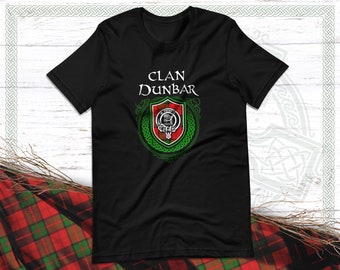 Clan Dunbar Scottish Tartan T-Shirt with Clan Crest Badge, Motto, and Surname of Family