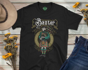 Clan Baxter Scottish Tartan Bagpiper T-Shirt, Family Heritage