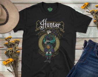 Clan Hunter Scottish Tartan Bagpiper T-Shirt, Family Heritage