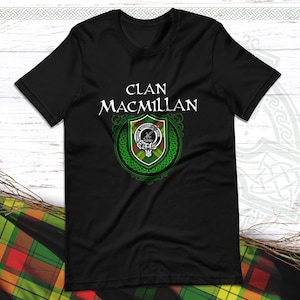 Clan MacMillan Scottish Tartan T-Shirt with Clan Crest Badge, Motto, and Surname of Family