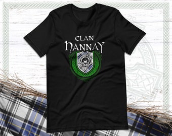 Clan Hannay Scottish Tartan T-Shirt with Clan Crest Badge, Motto, and Surname of Family