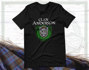 Clan Anderson Scottish Tartan T-Shirt with Clan Crest Badge, Motto, and Surname of Family