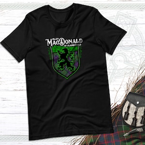 Clan MacDonald Scottish Tartan Lion Rampant Unisex T Shirt, MacDonald Crest, MacDonald Last Name, MacDonald Surname, MacDonald Tartan, Women