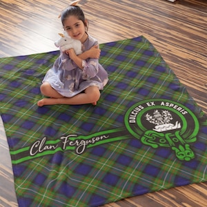 Clan Ferguson Scottish Tartan Throw Blanket, Plaid Tartan Blanket, Soft Blanket, Coat of Arms, Ferguson Last Name, Surname Sherpa