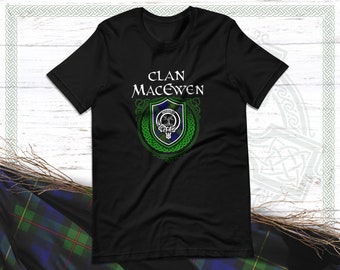 Clan MacEwen Scottish Tartan T-Shirt with Clan Crest Badge, Motto, and Surname of Family