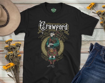 Clan Crawford Tartan Bagpiper T-Shirt, Scottish Heritage