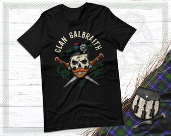 Clan Galbraith Scottish Skull T-Shirt, Tartan Tam, Dirk Knives