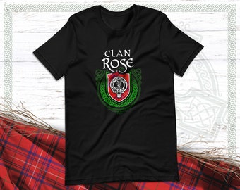 Maglietta in tartan scozzese Clan Rose con stemma del clan, motto e cognome della famiglia