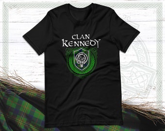 Clan Kennedy Scottish Tartan T-Shirt with Clan Crest Badge, Motto, and Surname of Family