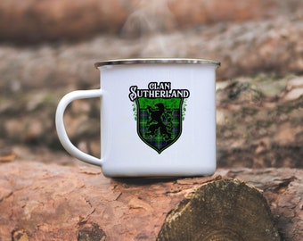Clan Sutherland Tartan Camping Mug, Scottish Lion Rampant Coffee Mug