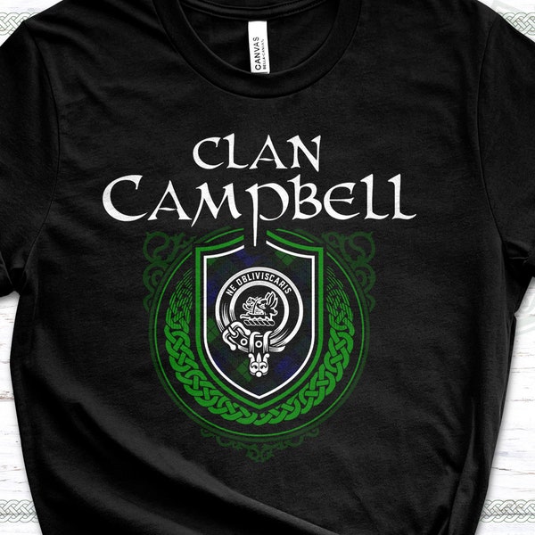 Camiseta de tartán escocés de Clan Campbell con insignia de escudo de clan, lema y apellido de la familia