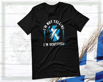 Puede incluir: Camiseta negra con un contorno blanco de Escocia y el texto "No estoy gritando, ¡soy escocés!"