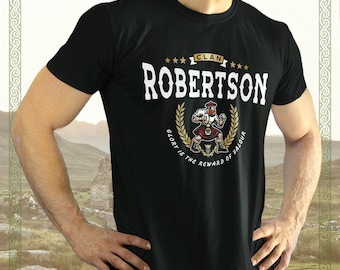 May include: Black t-shirt with a white graphic of a clan crest. The crest features a warrior in a kilt, a laurel wreath, and the text "Clan Robertson, Glory is the reward of valour."