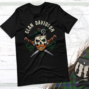 Clan Davidson Scottish Tartan Unisex T Shirt, Biker Skull, Davidson Tshirt, Last Name, Davidson Surname, Davidson Family, Tam, Dirk