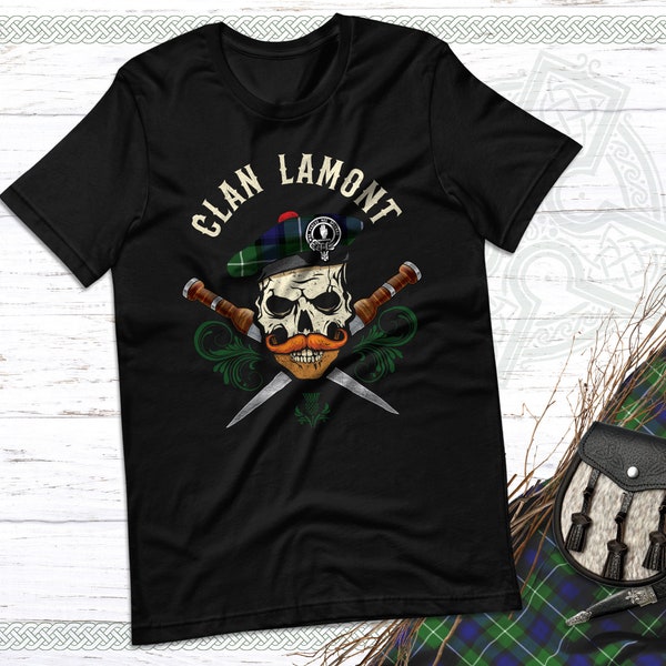 Clan Lamont Scottish Tartan Camiseta unisex, Cráneo de motociclista, Camiseta Lamont, Nombre, Apellido Lamont, Reunión familiar Lamont, Tam, Dirk Escocia