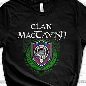 Clan MacTavish Scottish Tartan T-Shirt with Clan Crest Badge, Motto, and Surname of Family