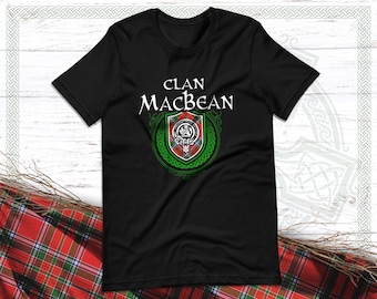 Clan MacBean Scottish Tartan T-Shirt with Clan Crest Badge, Motto, and Surname of Family
