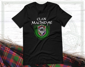 Clan MacIntyre Scottish Tartan T-Shirt with Clan Crest Badge, Motto, and Surname of Family