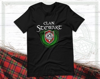 Clan Stewart Scottish Tartan T-Shirt with Clan Crest Badge, Motto, and Surname of Family