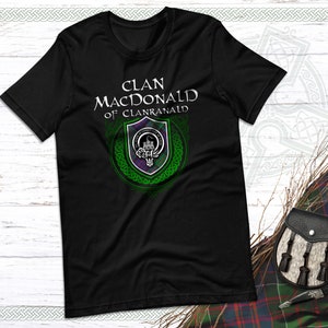 Clan MacDonald  of Clanranald Scottish Tartan T-Shirt with Clan Crest Badge, Motto, and Surname of Family