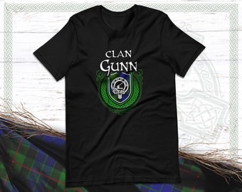 Clan Gunn Scottish Tartan T-Shirt with Clan Crest Badge, Motto, and Surname of Family