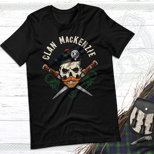 Clan MacKenzie Scottish Tartan Unisex T Shirt, Biker Skull, MacKenzie Tshirt, Name, MacKenzie Surname, MacKenzie Family Reunion, Tam, Dirk
