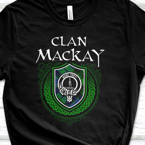 Clan MacKay Scottish Tartan T-Shirt with Clan Crest Badge, Motto, and Surname of Family