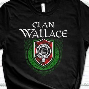 Clan Wallace Scottish Tartan T-Shirt with Clan Crest Badge, Motto, and Surname of Family