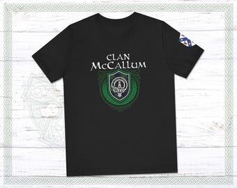 Clan McCallum Scottish Tartan T-Shirt with Clan Crest Badge, Motto, and Surname of Family