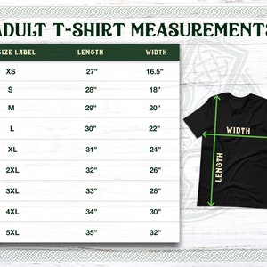 May include: A chart showing adult t-shirt measurements in inches. The chart lists sizes from XS to 5XL with corresponding length and width measurements.