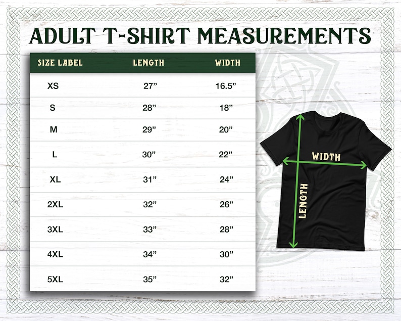 May include: A chart showing adult t-shirt measurements in inches. The chart lists sizes from XS to 5XL with corresponding length and width measurements.