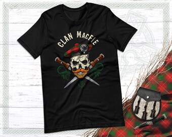 Clan MacFie Scottish Tartan T-Shirt, Biker Skull, Family Reunion