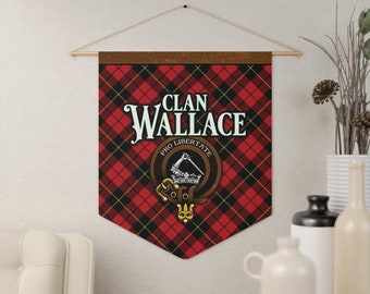 May include: A red, black, and yellow tartan wall tapestry with the text "Clan Wallace" and the words "Pro Libertate" in a circle around a crest.