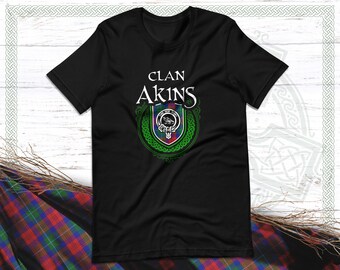 Clan Akins Scottish Tartan T-Shirt with Clan Crest Badge, Motto, and Surname of Family