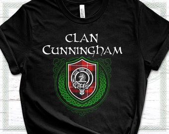 Clan Cunningham Scottish Tartan T-Shirt with Clan Crest Badge, Motto, and Surname of Family