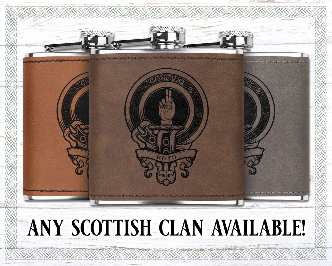 Personalized Scottish Clan Laser Engraved 6oz Flask, Leather Wrapped ...