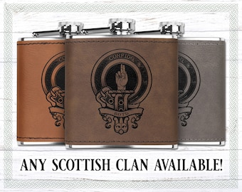 Personalized Scottish Clan Laser Engraved 6oz Flask, Leather Wrapped, Scottish Tartan Gift, Custom Scottish Gift, Scottish Family Heritage