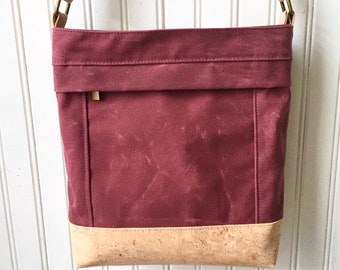 Aspen Crossbody Bag Slate Blue with Light Brown Cork Leather Waxed Canvas Purse