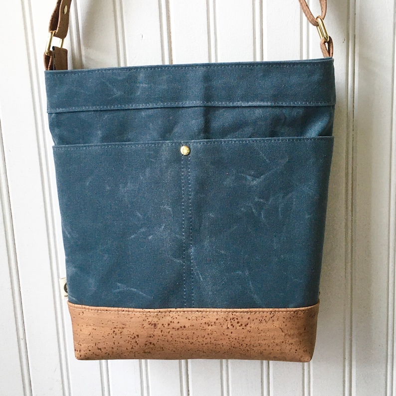 Aspen Crossbody Bag Slate Blue with Light Brown Cork Leather Waxed Canvas Purse