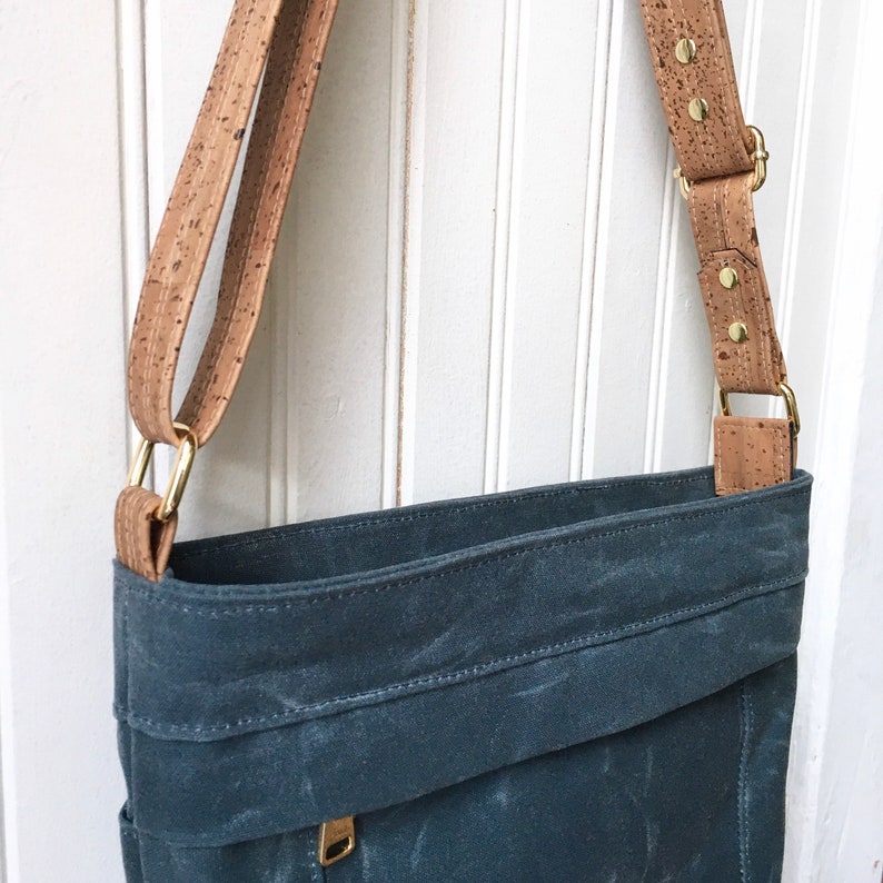 Aspen Crossbody Bag Slate Blue with Light Brown Cork Leather Waxed Canvas Purse