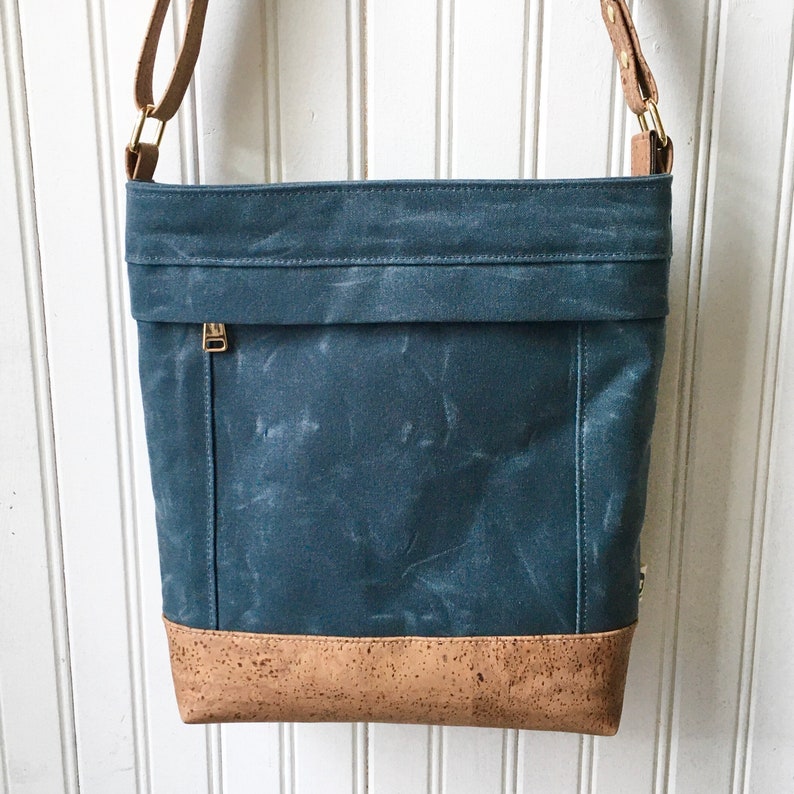 Aspen Crossbody Bag Slate Blue with Light Brown Cork Leather Waxed Canvas Purse
